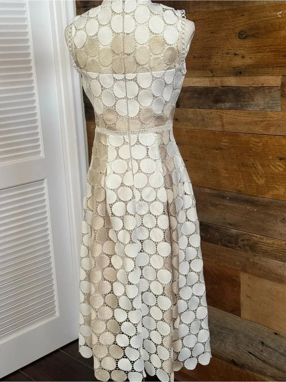 Shoshanna Glengarry Ivory Metallic Gold Circle Lace Midi Cocktail Dress